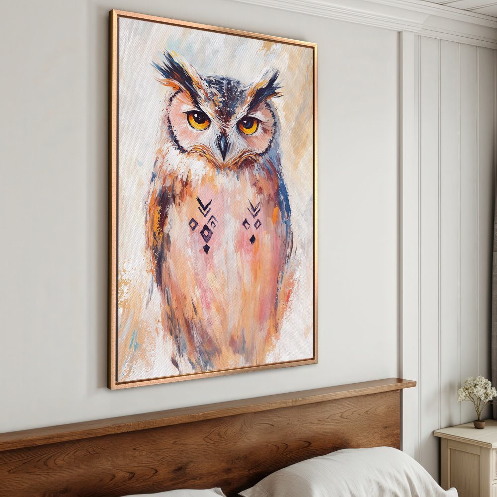 Framed Wall Art: Owl painting in warm tones. Add a touch of nature with this stunning canvas print for your home decor.