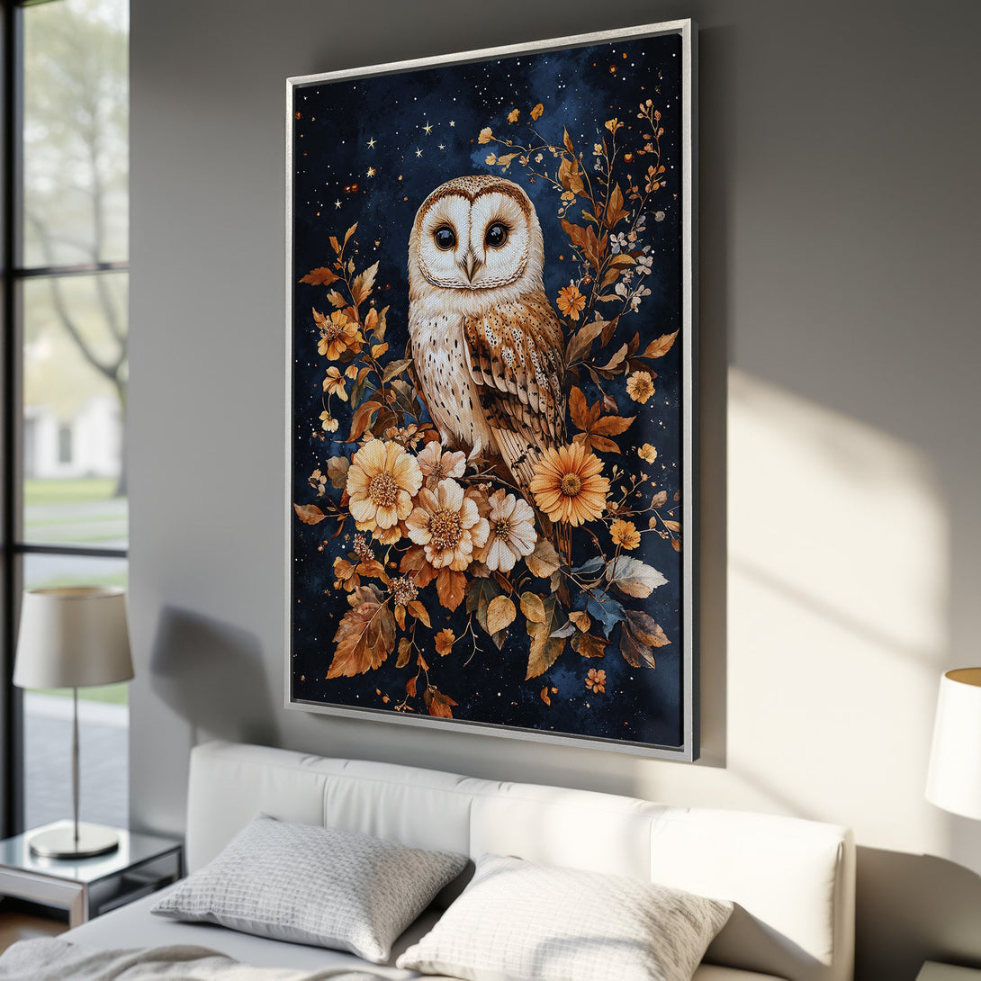 Framed Wall Art: Watercolor owl print with floral accents. Dark blue background with warm gold and brown tones, perfect for bedroom decor.