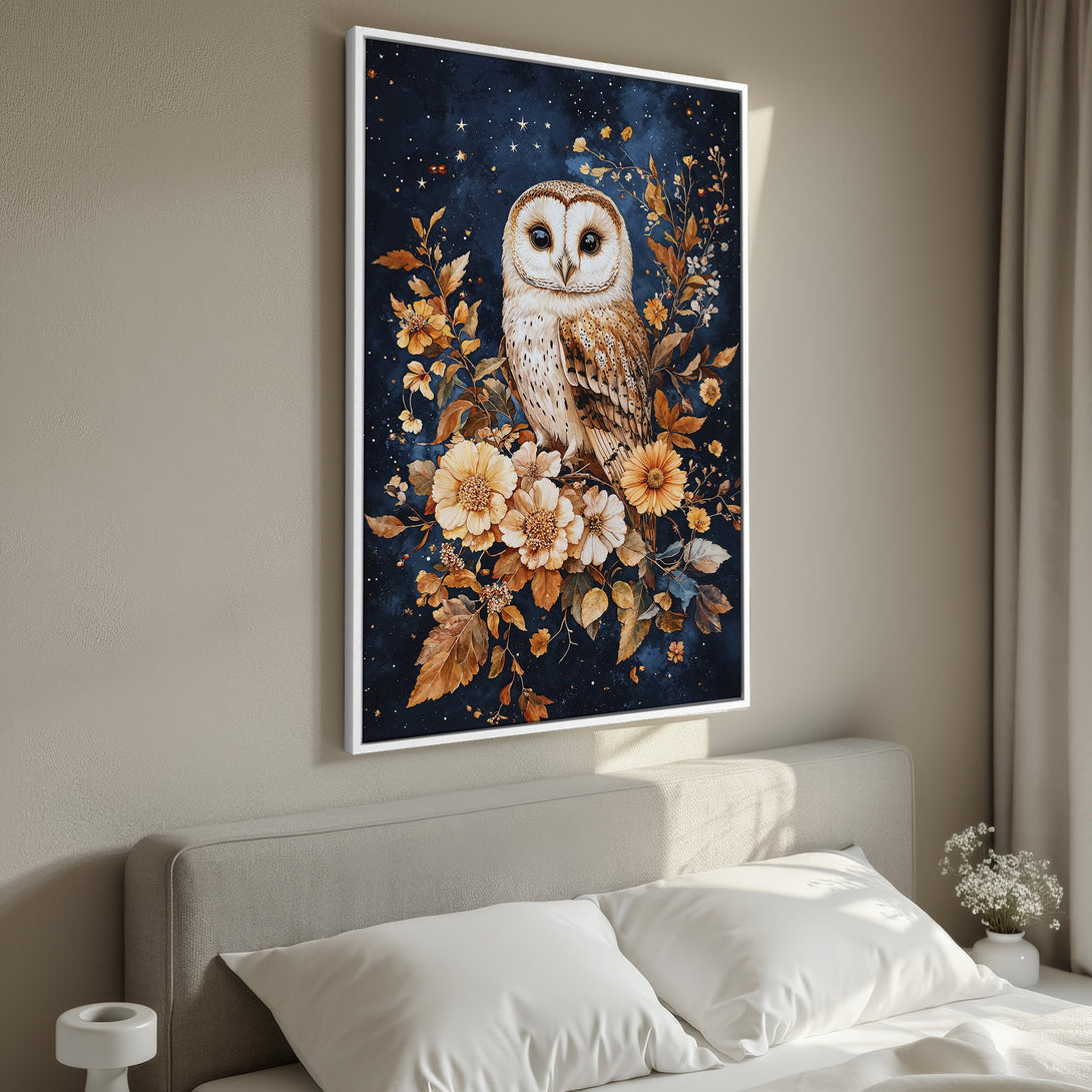Framed Wall Art featuring a stunning owl illustration. Watercolor style with a rich blue, gold, and brown color palette. Perfect for adding a touch of nature to your space!