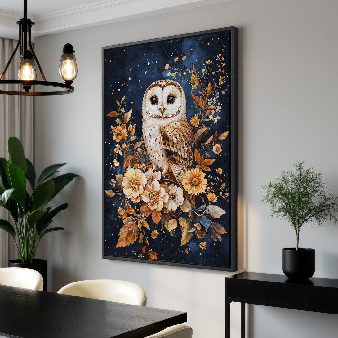 Framed Wall Art featuring a stunning owl illustration with a watercolor style. Rich blue, gold, and brown color palette. Perfect for adding a touch of nature to your decor.