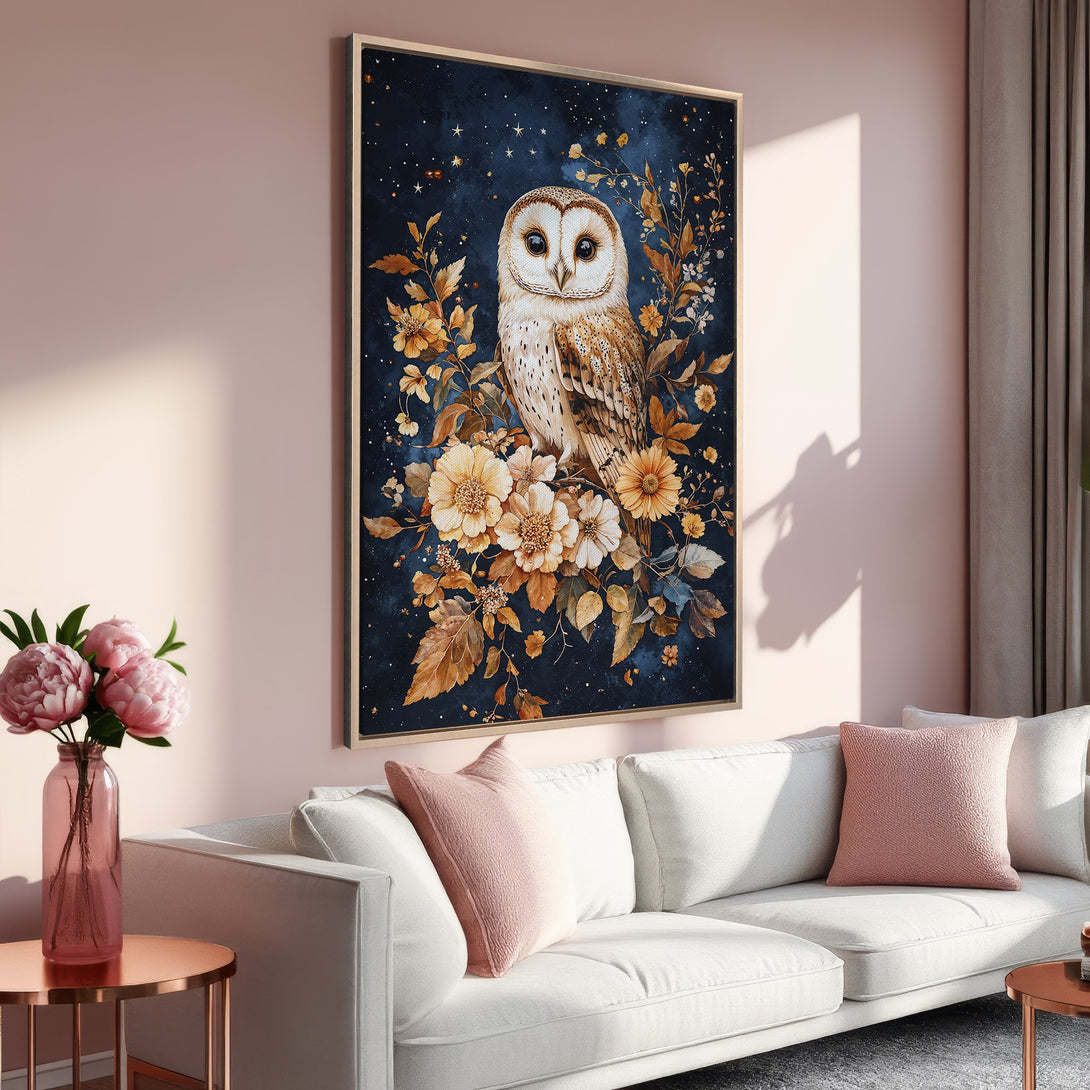 Framed Wall Art: Watercolor owl painting with floral accents in a navy, gold, and blush color palette. Perfect for adding elegance to your home decor.