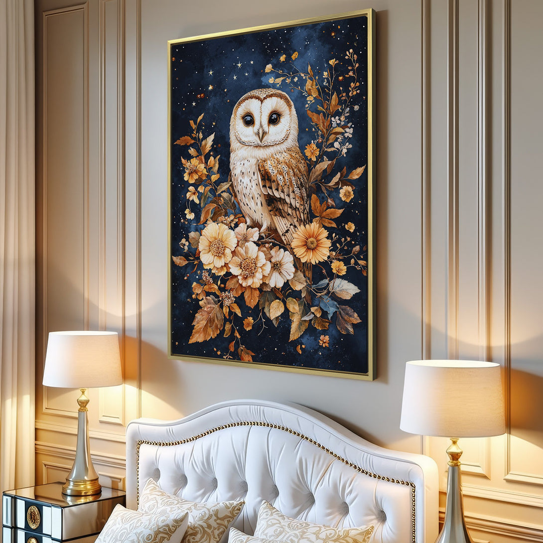 Canvas Print featuring a watercolor owl with floral accents, set against a dark blue background. Warm gold and beige tones. Perfect wall art!