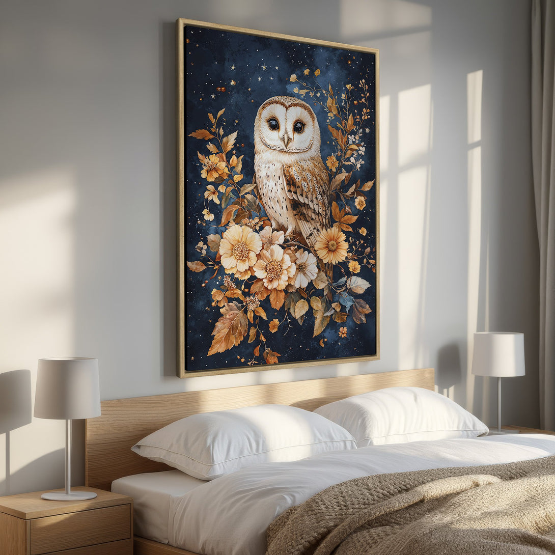 Framed Wall Art: Watercolor owl print in a bedroom. Features a majestic owl with a navy blue background and warm, earthy tones. Perfect for home decor.