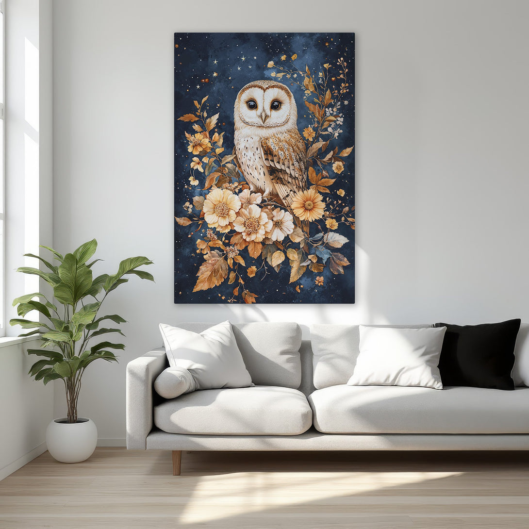 Framed Wall Art featuring a majestic owl in a floral arrangement, set against a deep blue background. Warm, earthy tones create a cozy, elegant aesthetic.