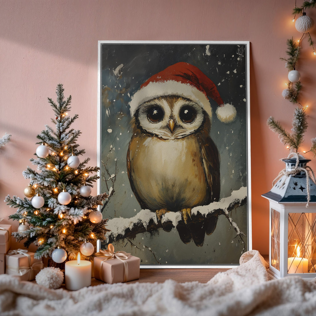 Framed Wall Art featuring a charming owl in a Santa hat. Rustic style with warm, neutral tones. Perfect Christmas decor for a cozy home.