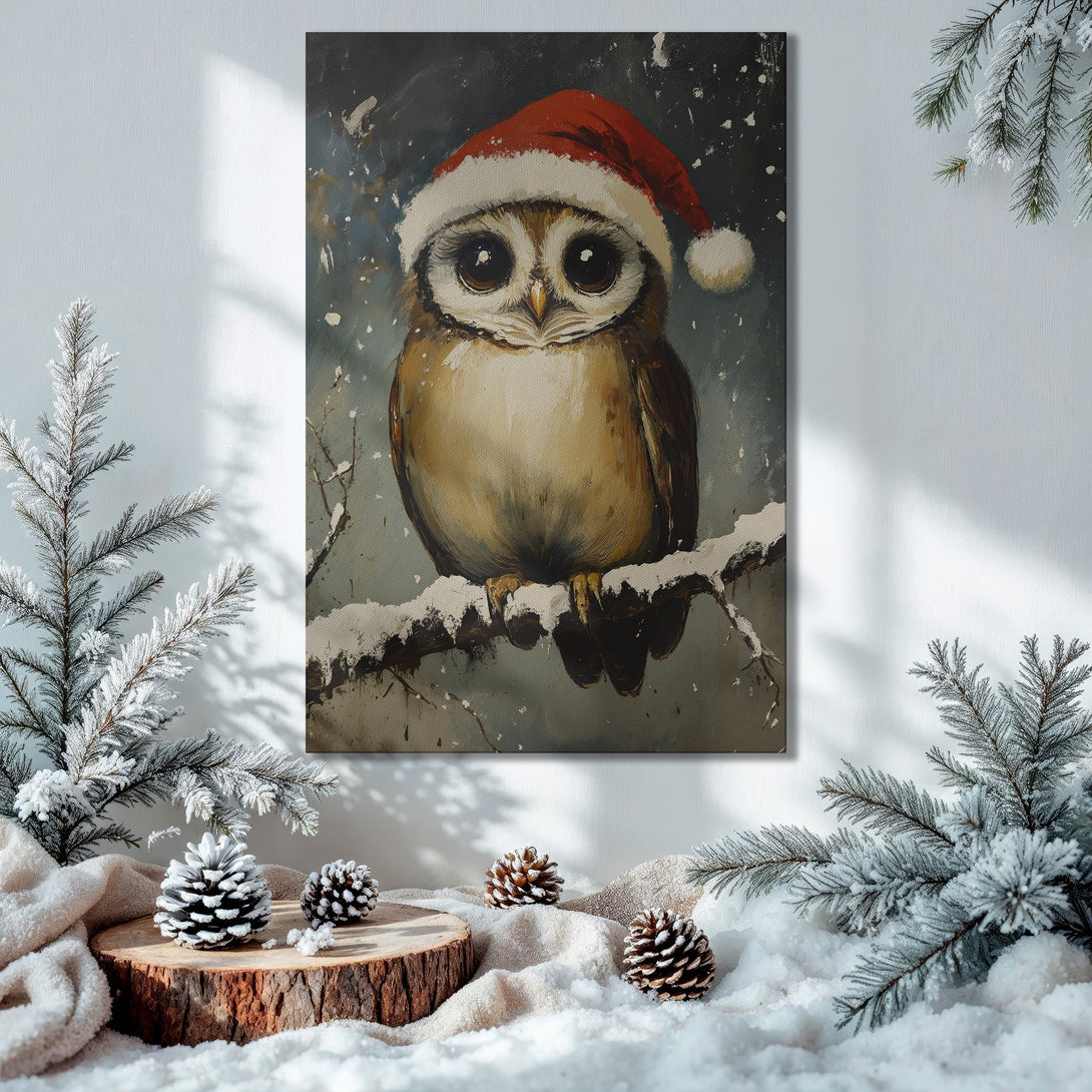 Framed Wall Art: Adorable owl in Santa hat. Cozy, winter-themed art with a warm, inviting color palette. Perfect holiday decor!