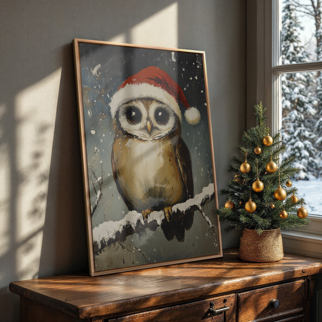 Framed Wall Art: Adorable owl in Santa hat. Winter-themed art in neutral tones. Perfect Christmas decor for a cozy, inviting home.