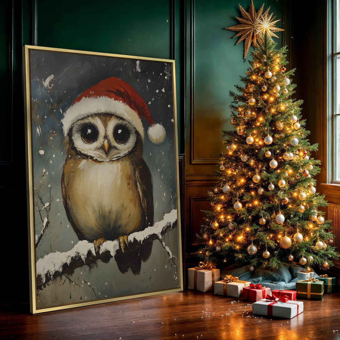 Canvas Print of a charming owl wearing a Santa hat, painted in a whimsical style with a cozy, wintery color palette. Perfect Christmas wall art!