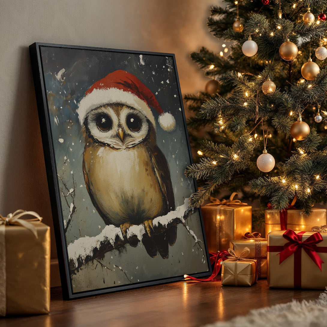 Framed Wall Art: Festive owl in Santa hat art print. Winter scene with warm, neutral tones, perfect for holiday decor. Add charm to your home!