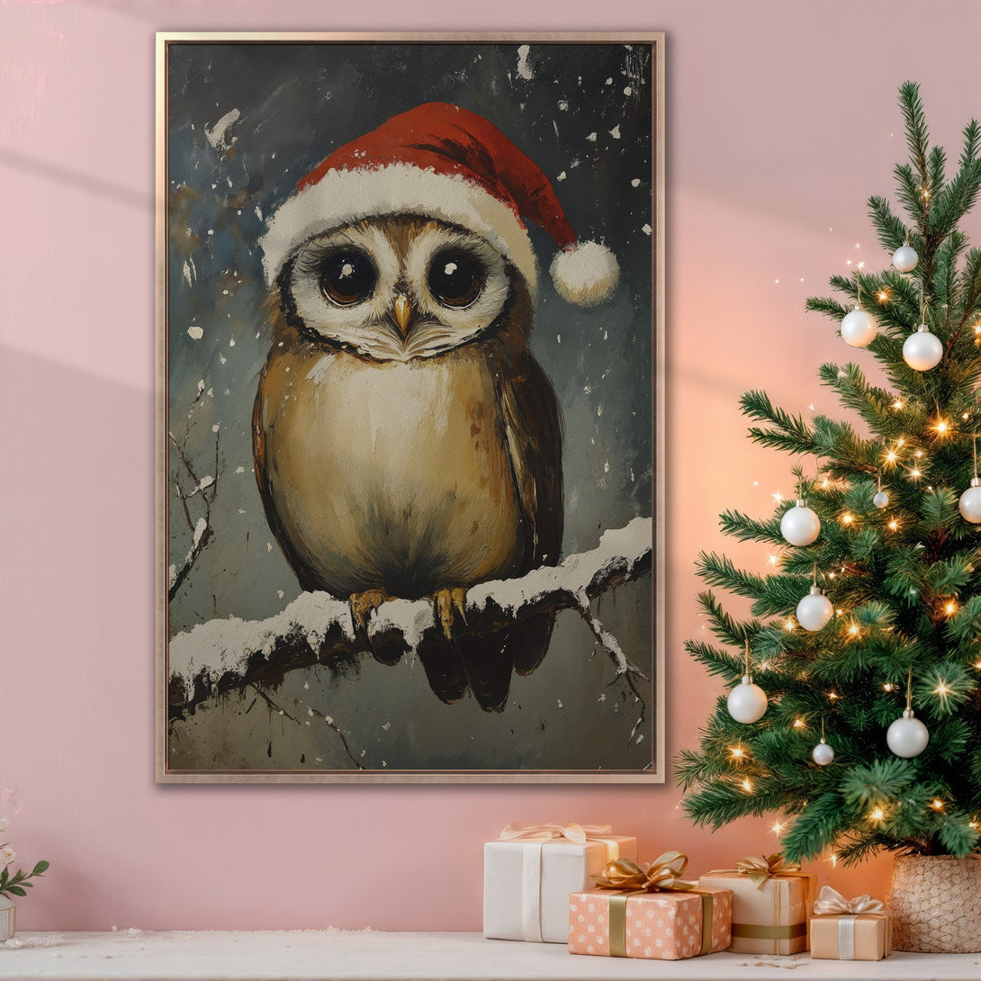 Framed Wall Art: Adorable owl in a Santa hat. Charming oil painting style with a warm, festive color palette. Perfect Christmas decor for your home!