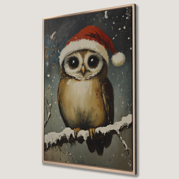 Framed Wall Art: Adorable owl in a Santa hat painting. Winter scene with blue, brown, and red hues. Perfect Christmas decor for a cozy home.