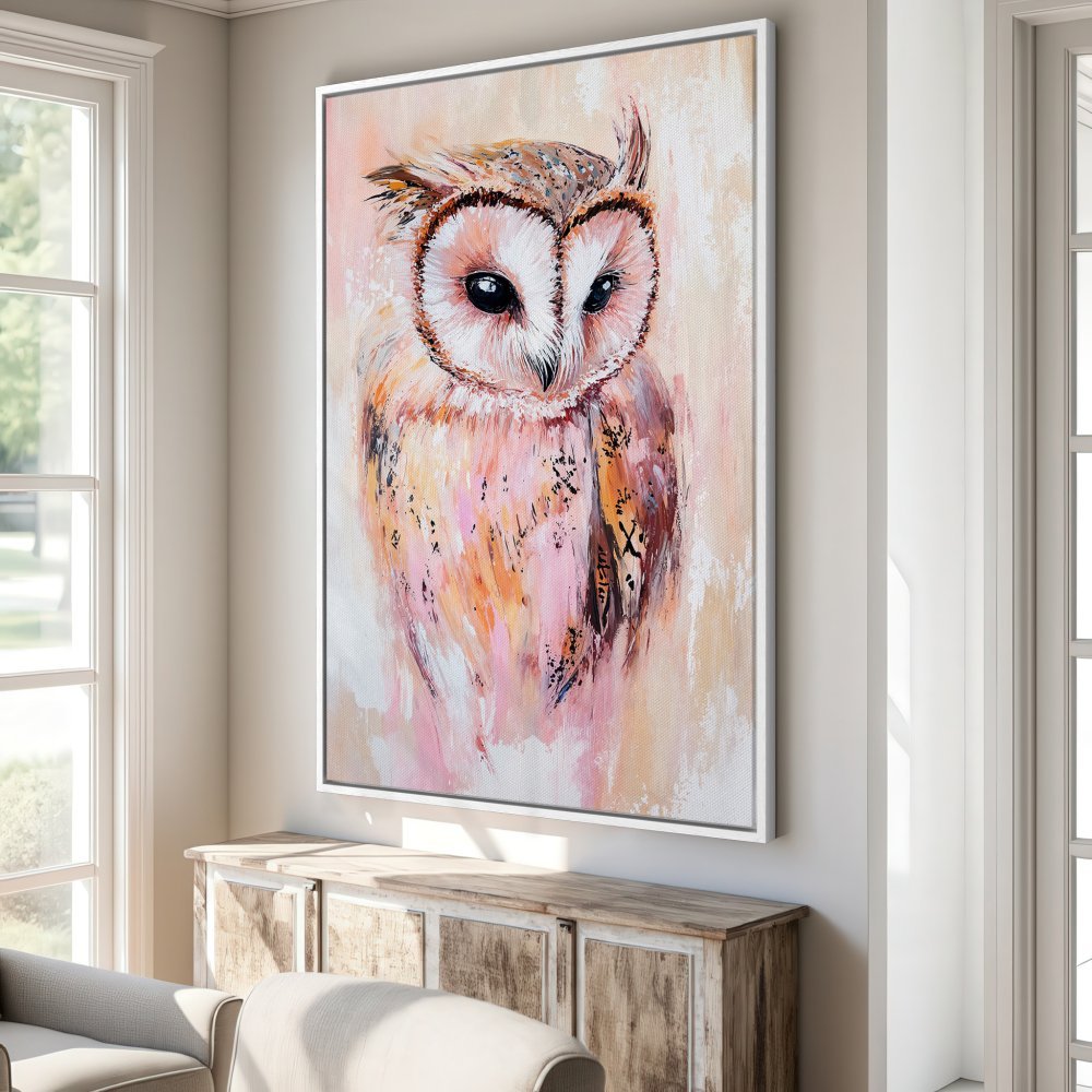 Framed Wall Art: Stunning owl portrait Canvas Print in a modern, impressionistic style. Featuring a warm, pastel color palette. Perfect for home decor!