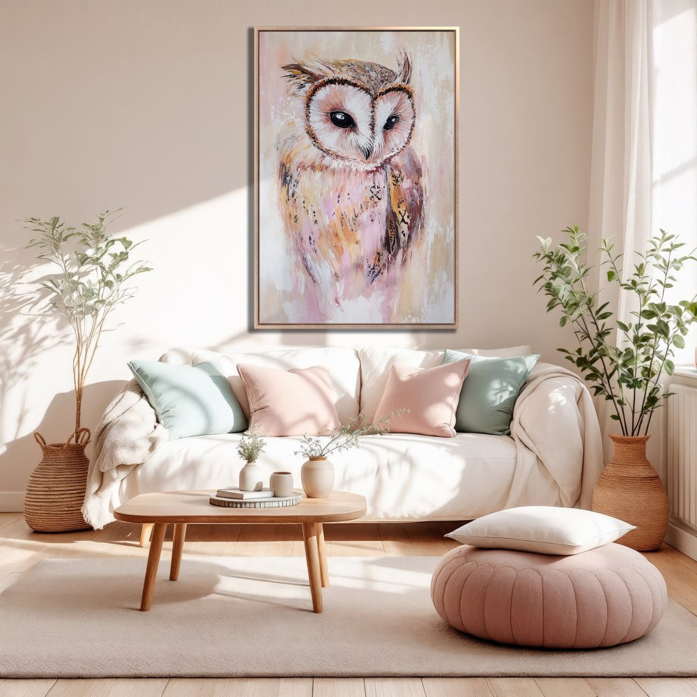 Framed Wall Art: Owl painting in soft pastel colors. Add a touch of elegance to your home with this beautiful canvas print!