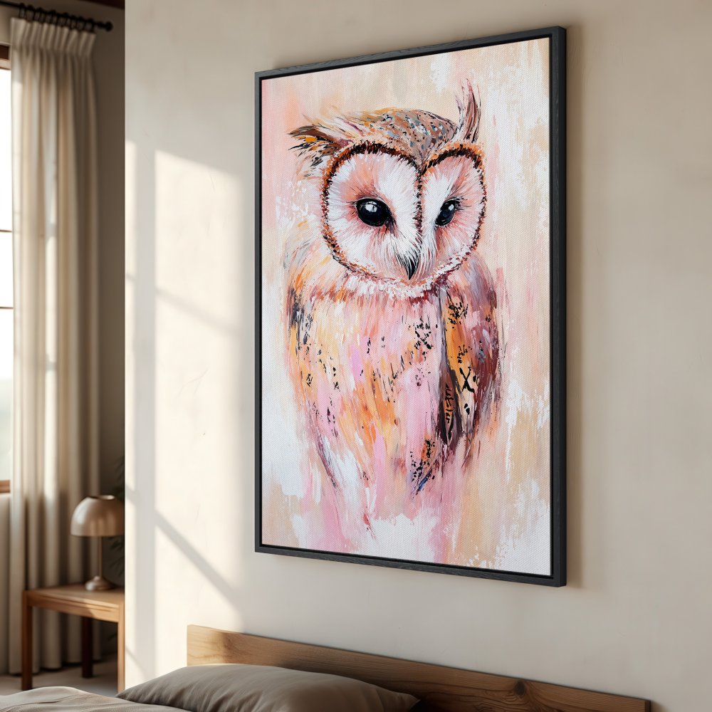 Framed Wall Art: Stunning owl painting in warm pink and orange tones. Add a touch of nature and elegance to your home decor.