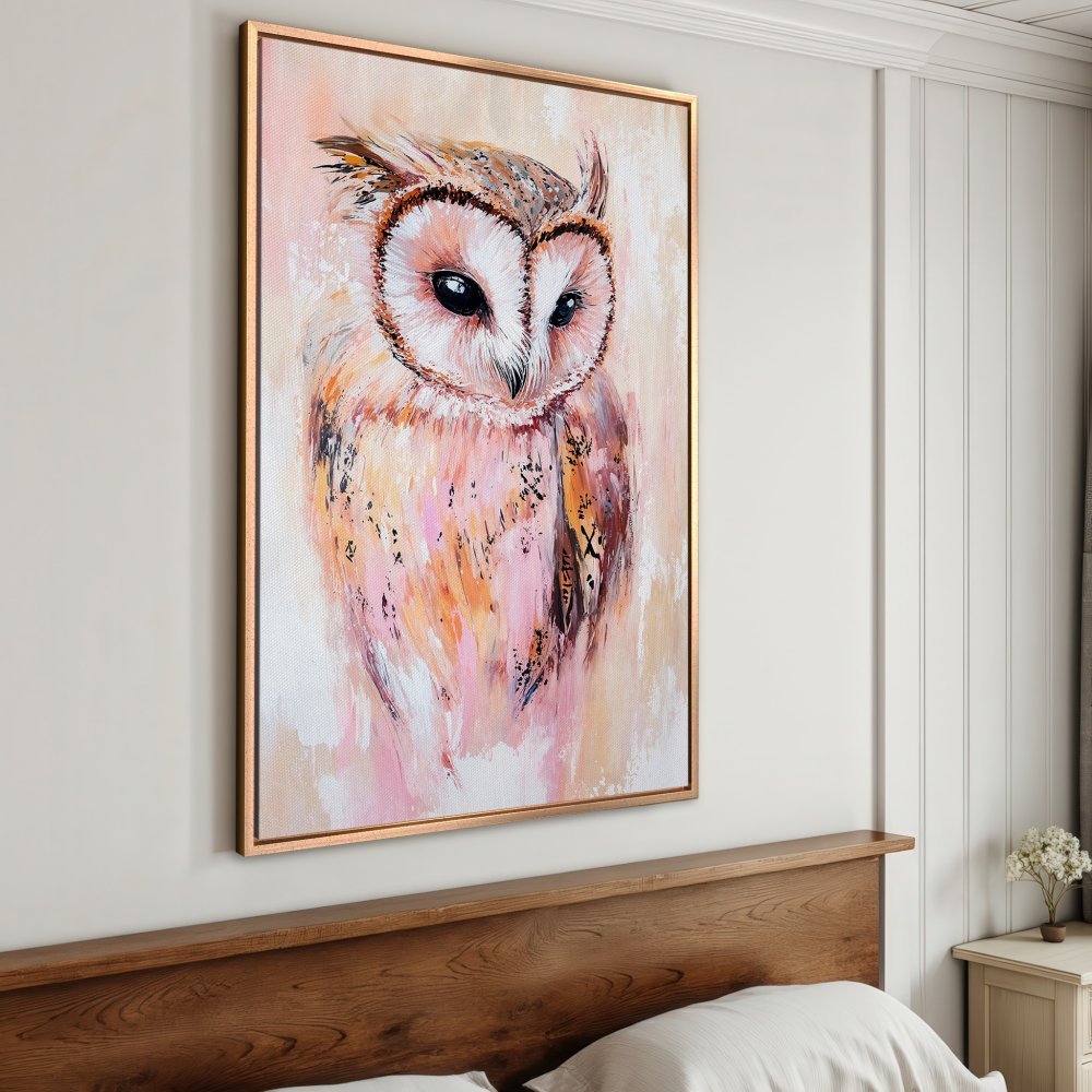 Framed Wall Art: Owl painting in soft pink and peach tones. Add a touch of elegance to your home with this stunning canvas print.