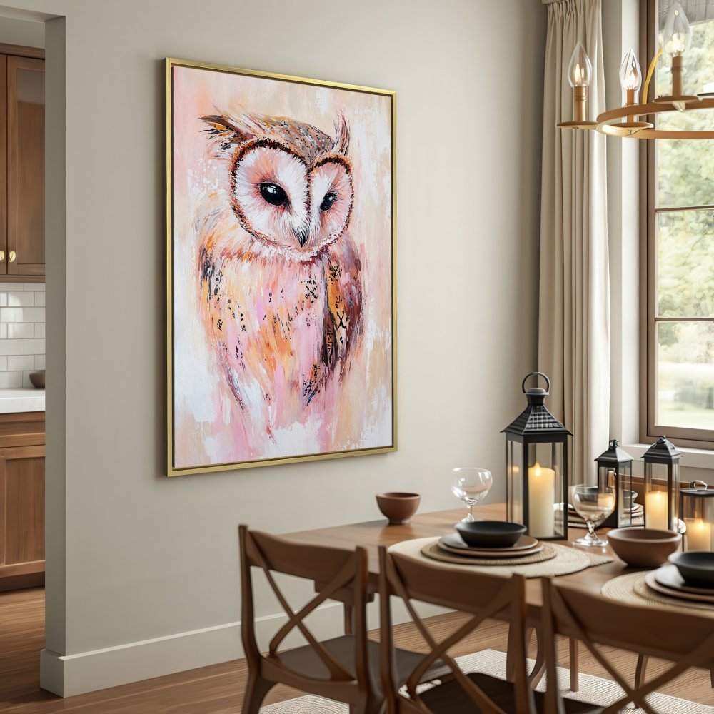 Canvas Print of an owl in a painterly style, featuring a soft pink and beige color palette. Perfect wall art for your home!