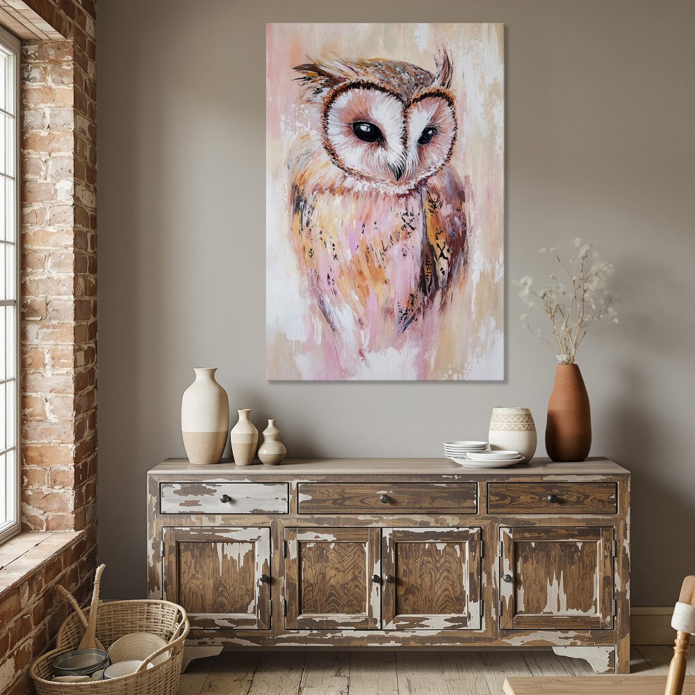 Framed Wall Art: Owl painting in soft pink and peach tones. Modern canvas art for living room or dining room decor.