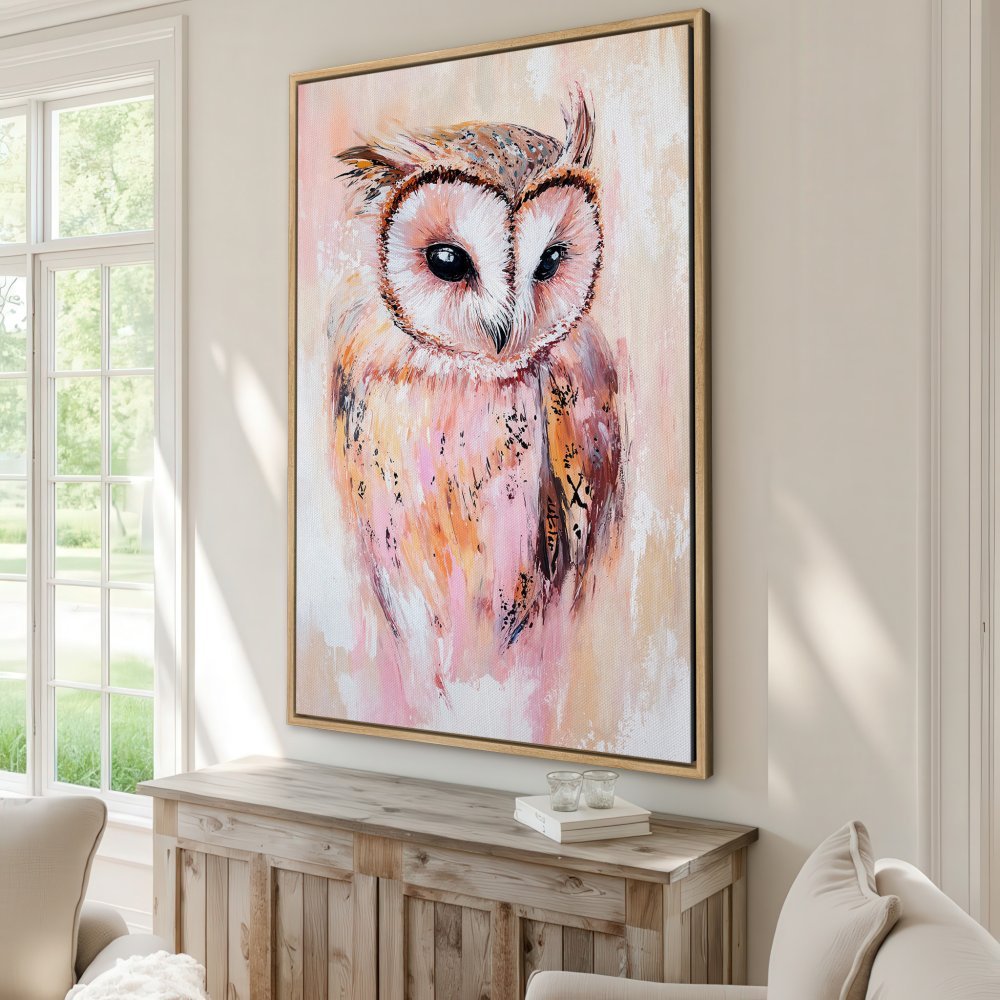 Framed Wall Art: Abstract owl painting in pink and orange hues. Add a touch of nature and style to your home with this beautiful Canvas Print!