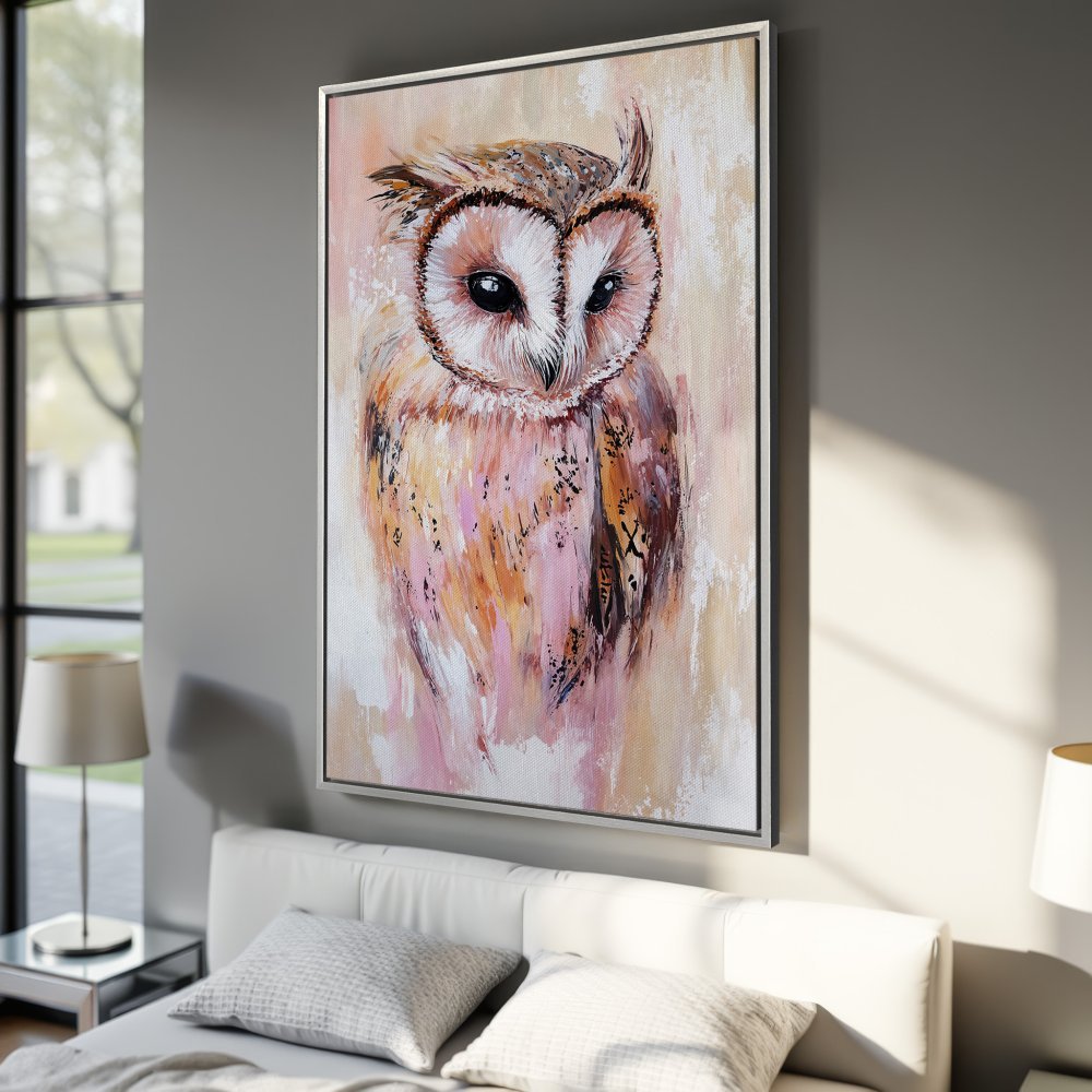 Framed Wall Art: Stunning owl portrait in warm pink and orange tones. Add a touch of nature and elegance to your home with this beautiful canvas print.