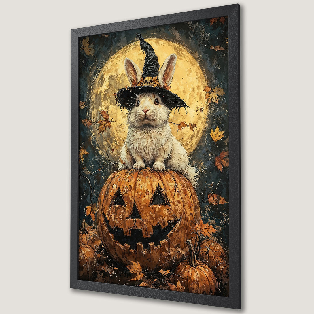 Framed Poster: Halloween bunny on pumpkin art, dark blue & orange tones, whimsical style. Perfect spooky decor!