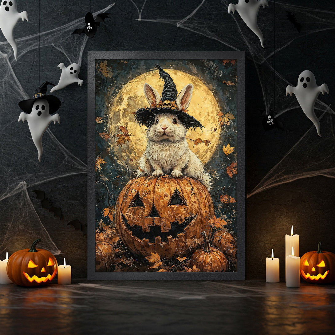 Framed Poster: Halloween art featuring a bunny in a witch hat on a pumpkin, dark style, warm orange and gold palette.
