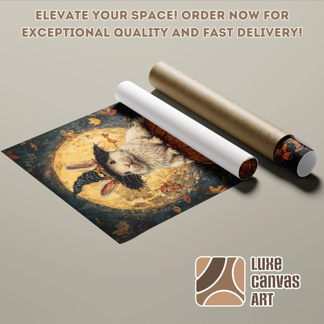 Poster Roll featuring a whimsical rabbit against a moonlit backdrop in a warm, autumnal color palette. Order yours today!