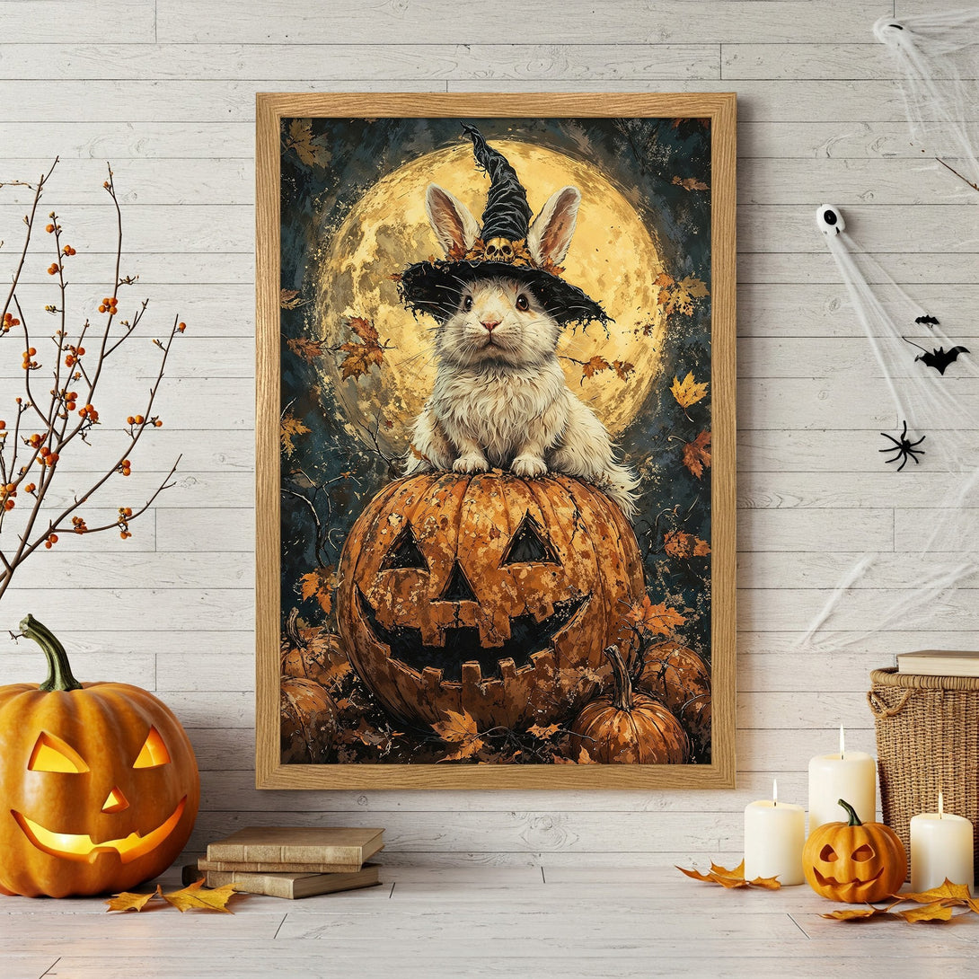 Framed Poster: Halloween bunny on pumpkin art, warm autumn colors, whimsical style. Perfect for spooky season decor!
