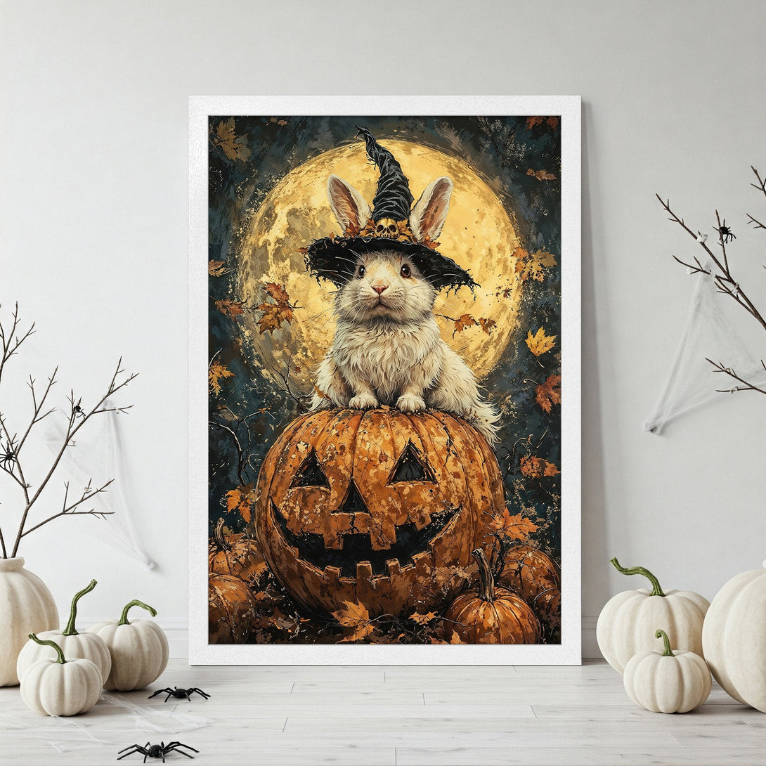Framed Poster featuring a Halloween bunny wearing a witch hat, sitting on a pumpkin. Dark, artistic style with orange, gold, and black color palette.