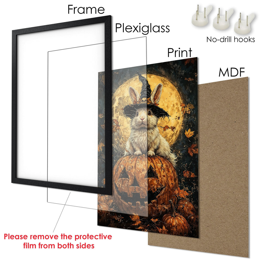 Framed Poster featuring a whimsical Halloween rabbit on a pumpkin, with a warm color palette. Perfect wall art!