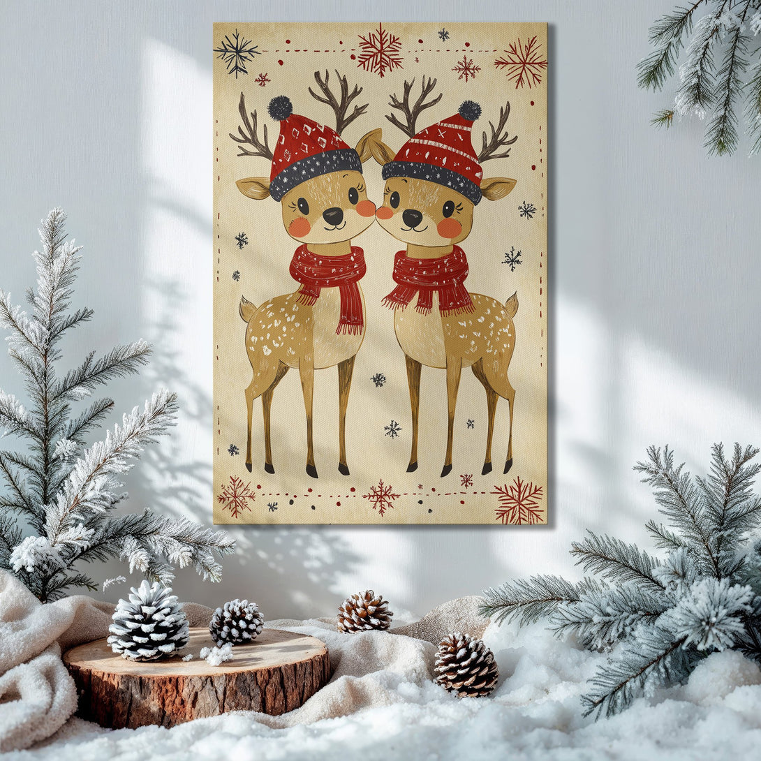 Framed Wall Art: Adorable reindeer art in a cozy, warm Christmas scene. Featuring a red and beige color palette, perfect for holiday decor.