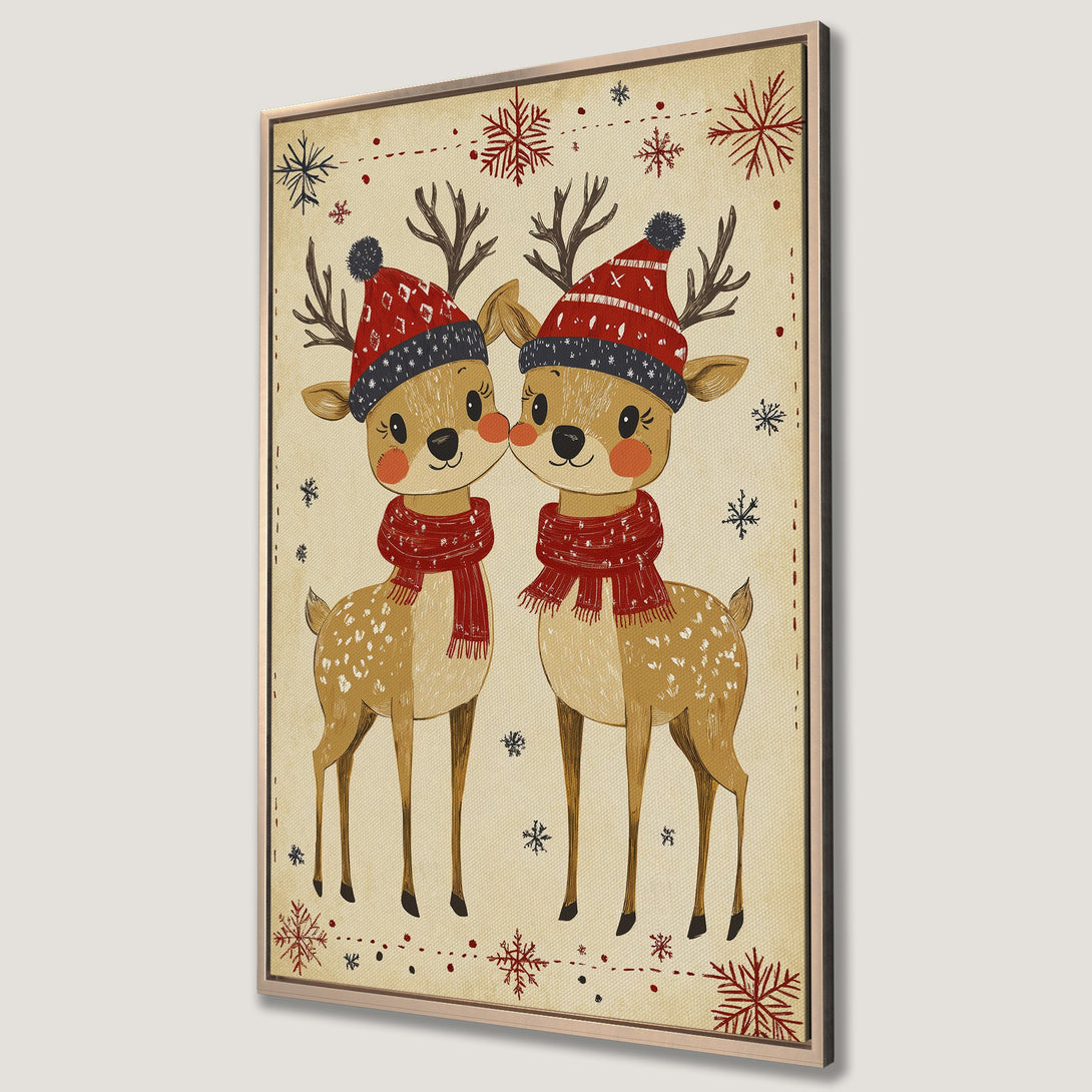 Framed Wall Art featuring adorable cartoon reindeer in red and beige holiday style. Perfect Christmas decor for a cozy, festive home!