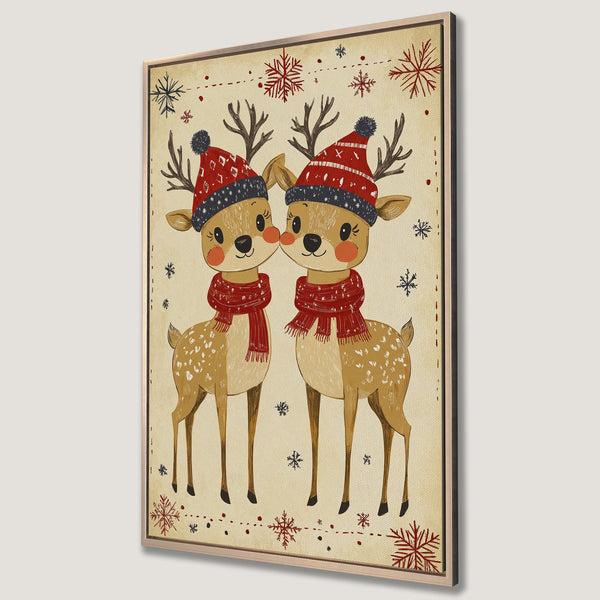 Framed Wall Art featuring adorable cartoon reindeer in red and beige holiday style. Perfect Christmas decor for a cozy, festive home!