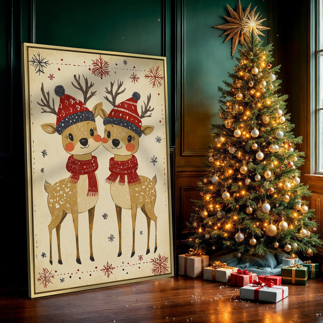 Canvas Print featuring adorable cartoon reindeer in red and beige, perfect for Christmas decor. Festive style with warm color palette.