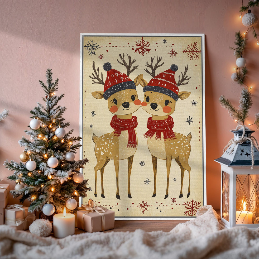 Framed Wall Art featuring adorable reindeer in a vintage style, warm color palette. Perfect Christmas decor!