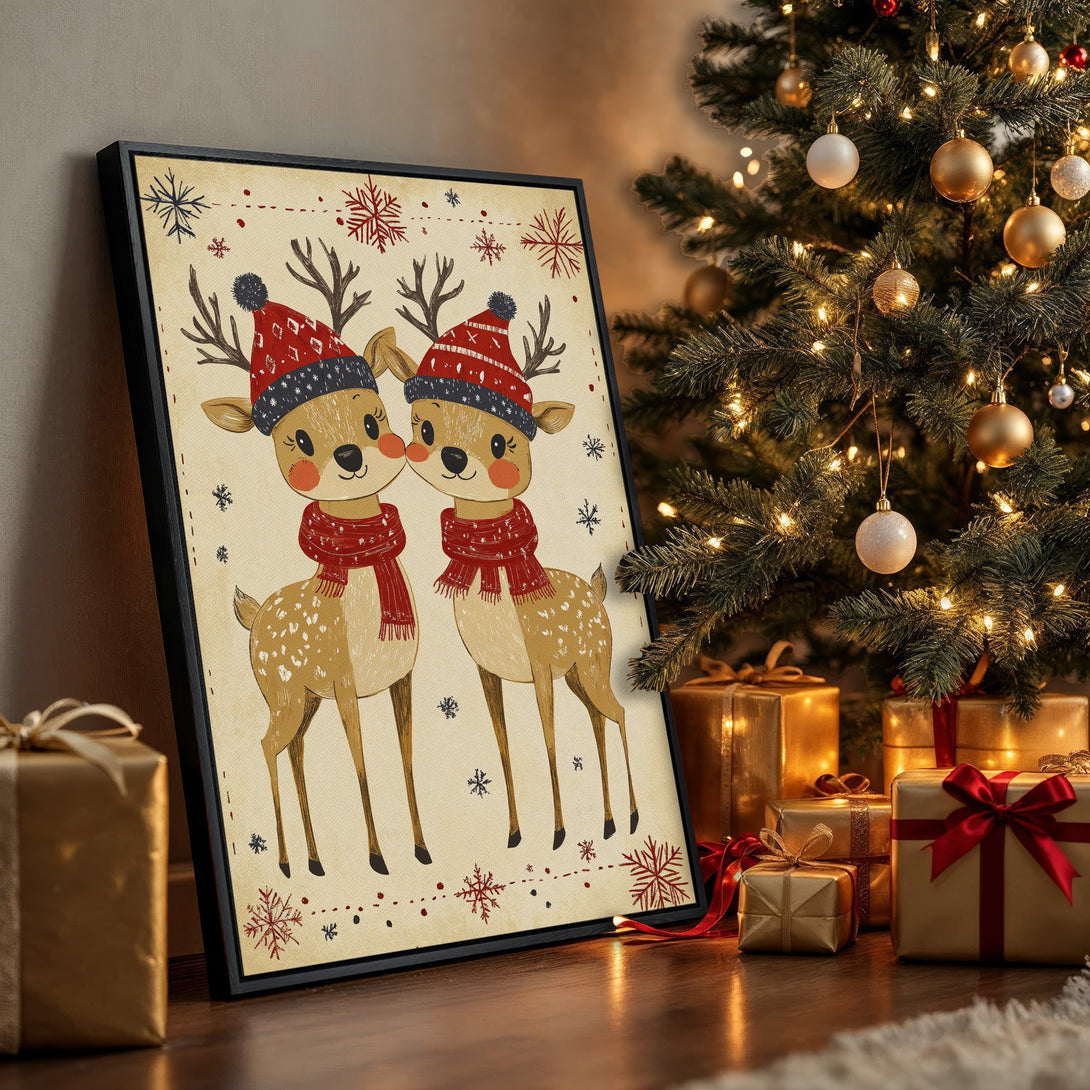 Framed Wall Art featuring festive reindeer in a vintage style, warm beige, red, and brown color palette, perfect for holiday decor.