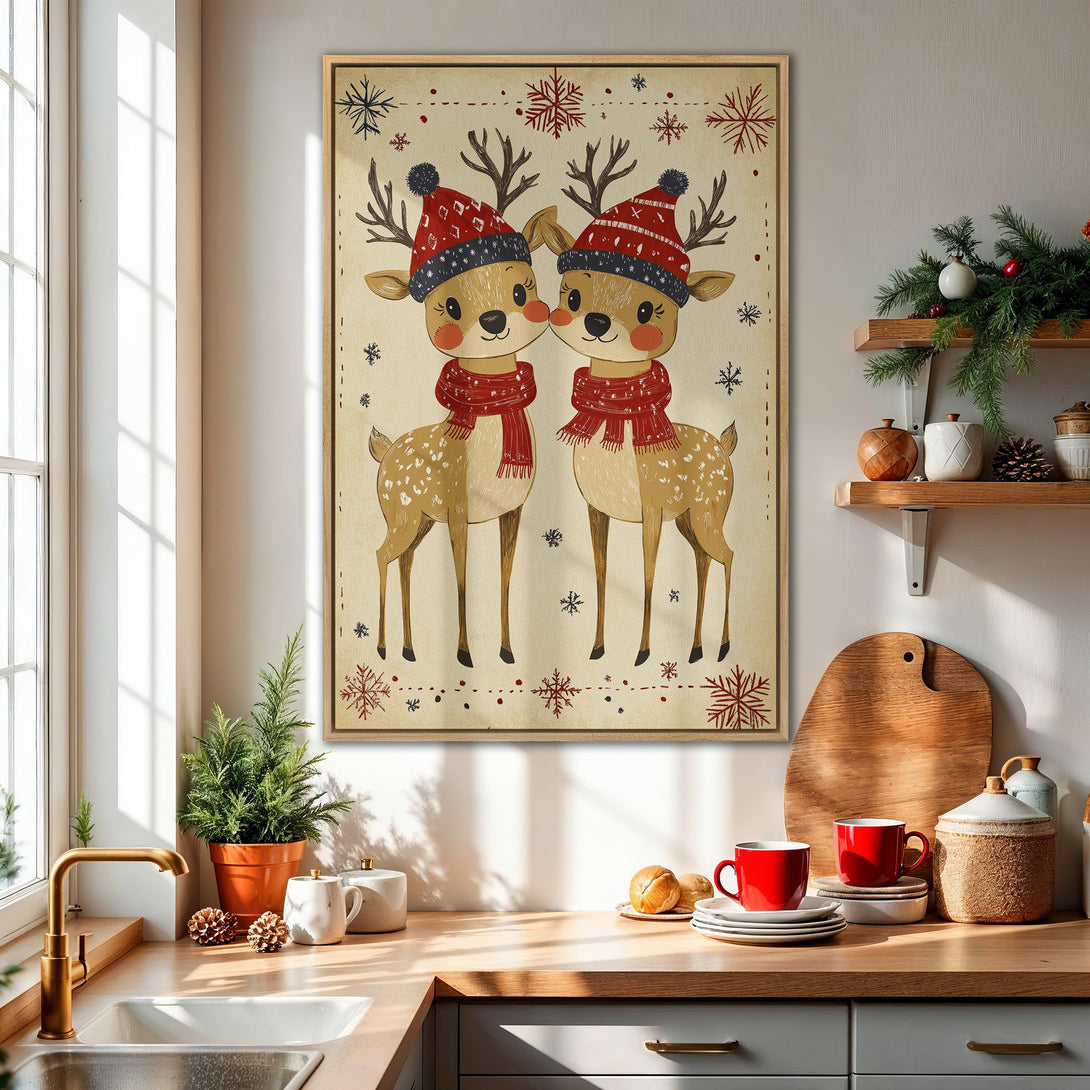 Framed Wall Art featuring charming cartoon deer in red and beige holiday colors, perfect for adding festive cheer to your home decor.