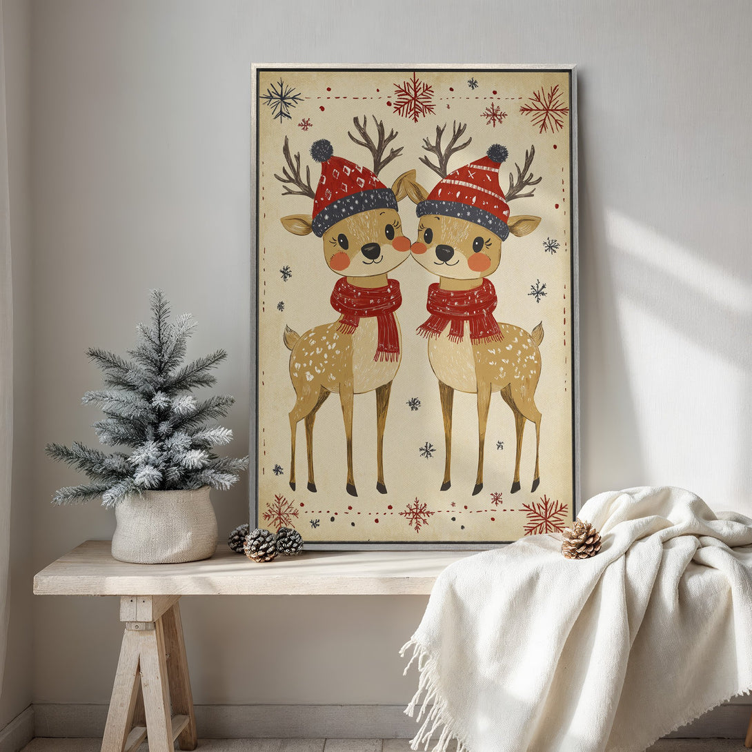 Framed Wall Art featuring adorable cartoon reindeer in red and beige tones, perfect for a cozy Christmas aesthetic. Add festive charm to your home!