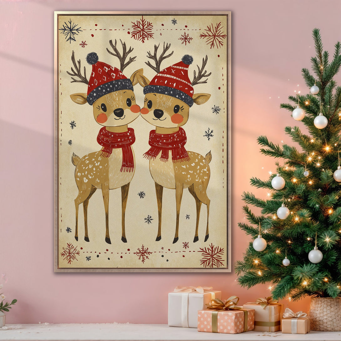 Framed Wall Art featuring adorable Christmas reindeer in red and brown, perfect holiday decor. Charming, vintage style, warm color palette.