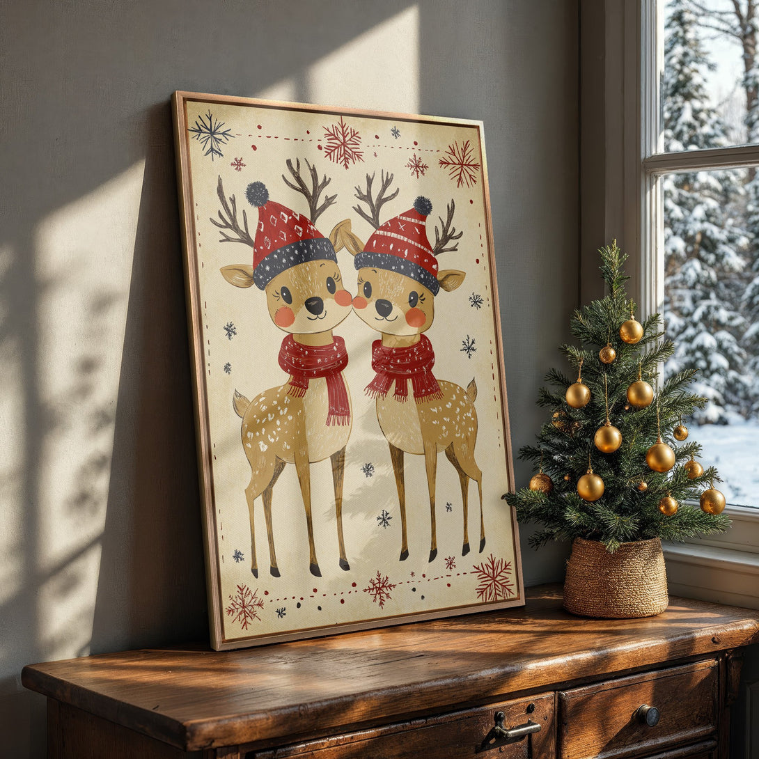 Framed Wall Art featuring adorable reindeer in winter hats. Rustic style with warm, inviting colors. Perfect Christmas decor for a cozy home.