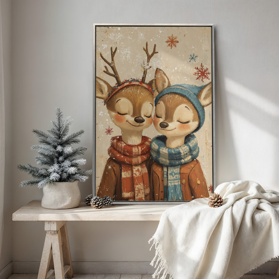 Framed Wall Art featuring adorable deer in winter attire. Warm, inviting color palette perfect for holiday decor. Charming illustration style.