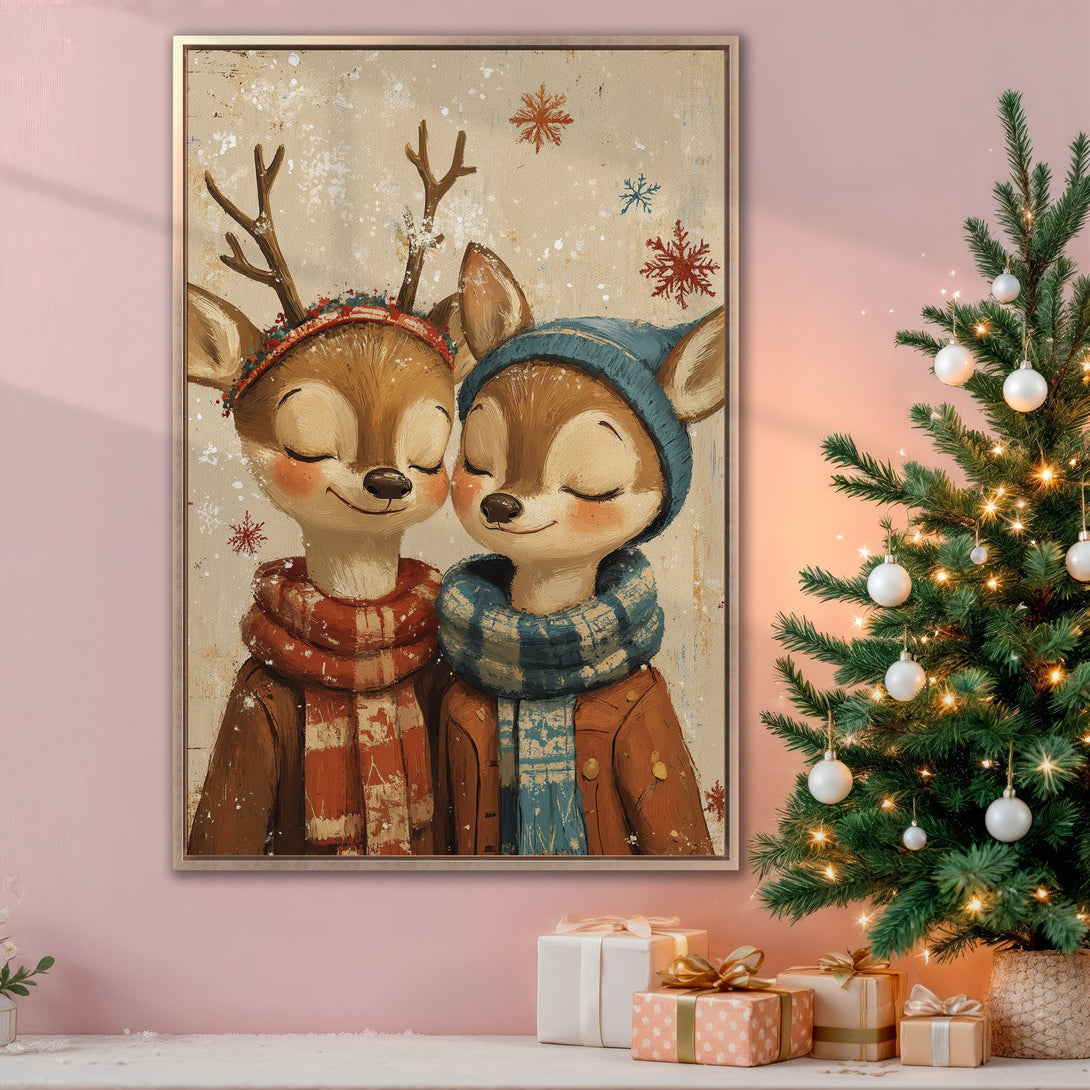 Framed Wall Art featuring adorable reindeer in winter attire. Warm, cozy color palette with browns, reds, and blues. Perfect for Christmas decor!