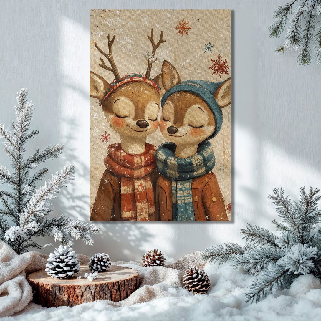 Framed Wall Art: Adorable deer couple in a cozy Christmas scene. Featuring warm, neutral tones and festive accents. Perfect holiday home decor!