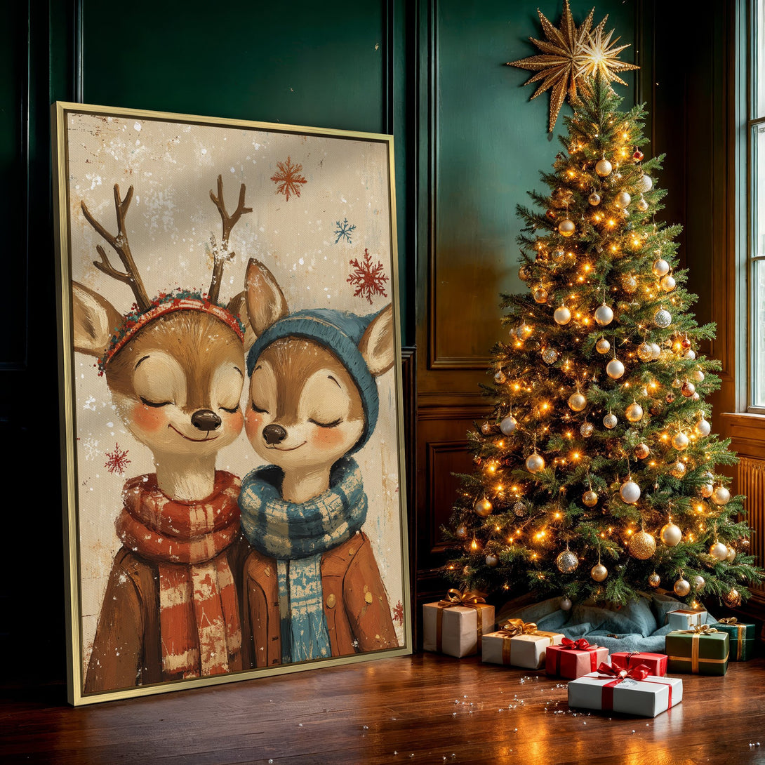 Canvas Print featuring adorable deer in winter attire. Warm, cozy color palette with a whimsical, illustrative style. Perfect for holiday decor!