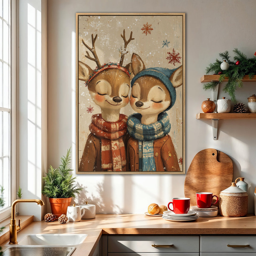 Framed Wall Art featuring adorable deer couple in winter attire. Warm, inviting color palette perfect for holiday decor. Add cozy charm to your home!