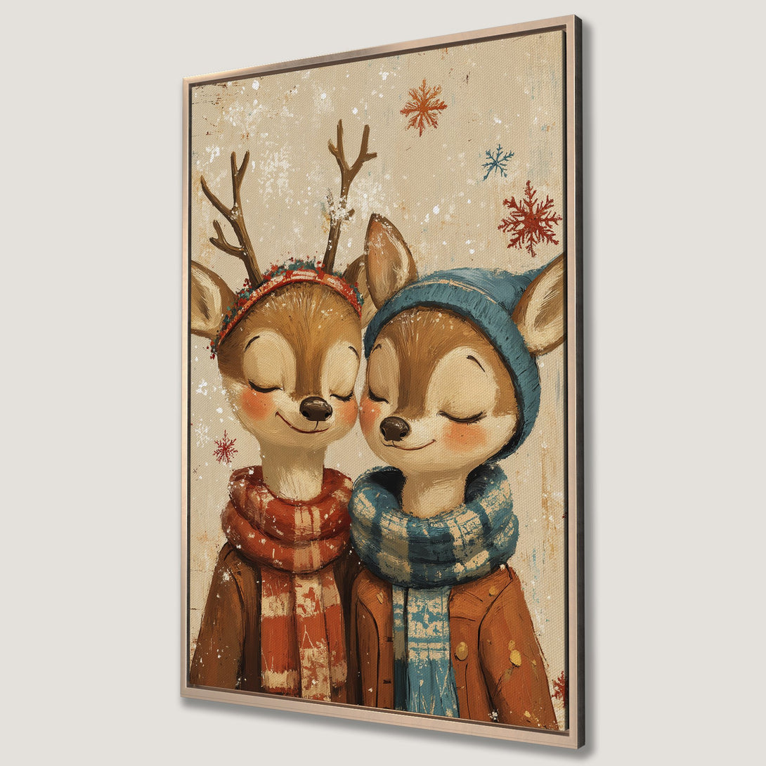Framed Wall Art featuring adorable deer couple in winter attire. Warm, cozy color palette with reds, blues, and browns. Perfect for holiday decor!