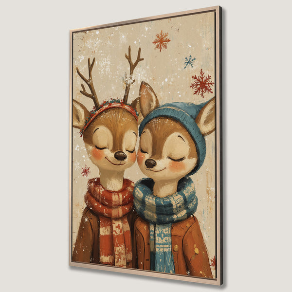 Framed Wall Art featuring adorable deer couple in winter attire. Warm, cozy color palette with reds, blues, and browns. Perfect for holiday decor!
