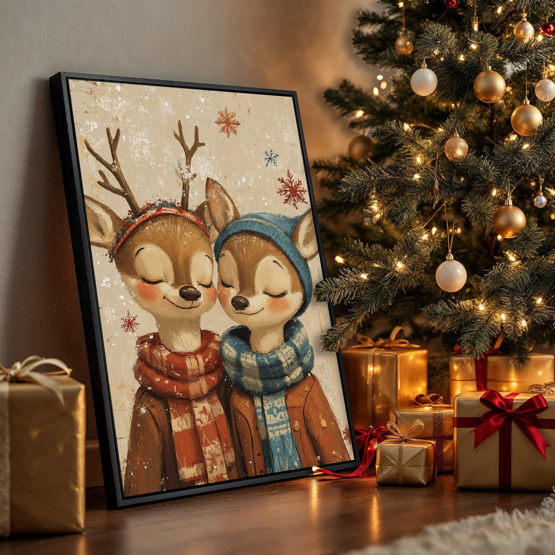 Framed Wall Art: Adorable deer couple in winter attire. Charming illustration with warm, neutral tones, perfect for holiday decor.