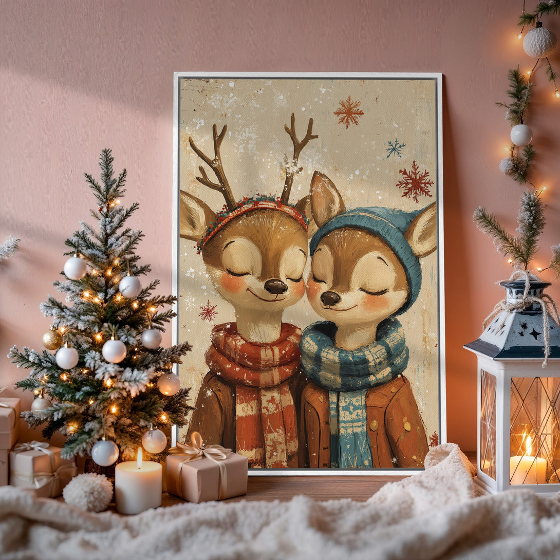 Framed Wall Art: Cute deer couple illustration with a warm color palette. Perfect for holiday decor! Adds a cozy, whimsical touch to any room.
