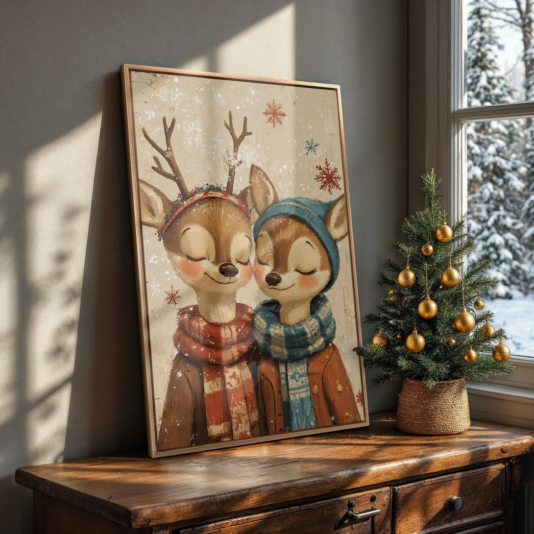 Framed Wall Art featuring adorable deer in winter attire. Warm, inviting color palette. Perfect for cozy home decor.