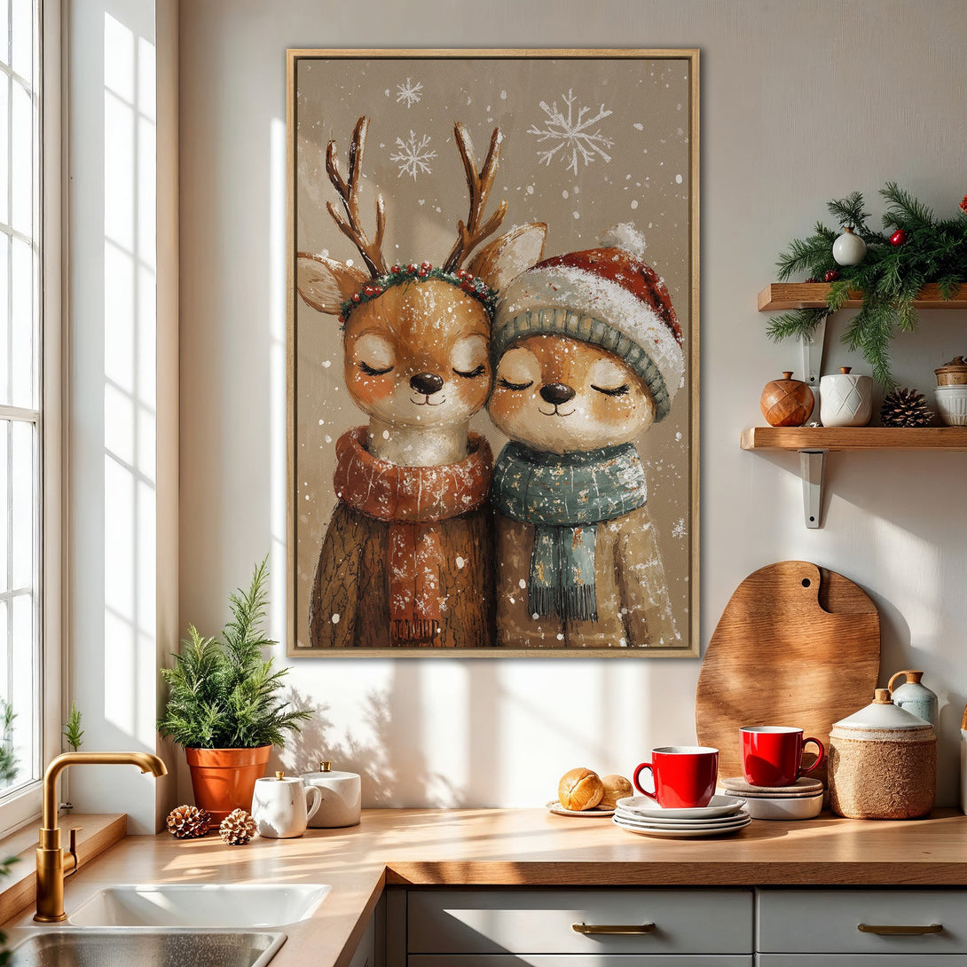 Framed Wall Art: Adorable winter deer couple in cozy sweaters. Warm, neutral color palette with pops of red and green. Perfect Christmas decor!